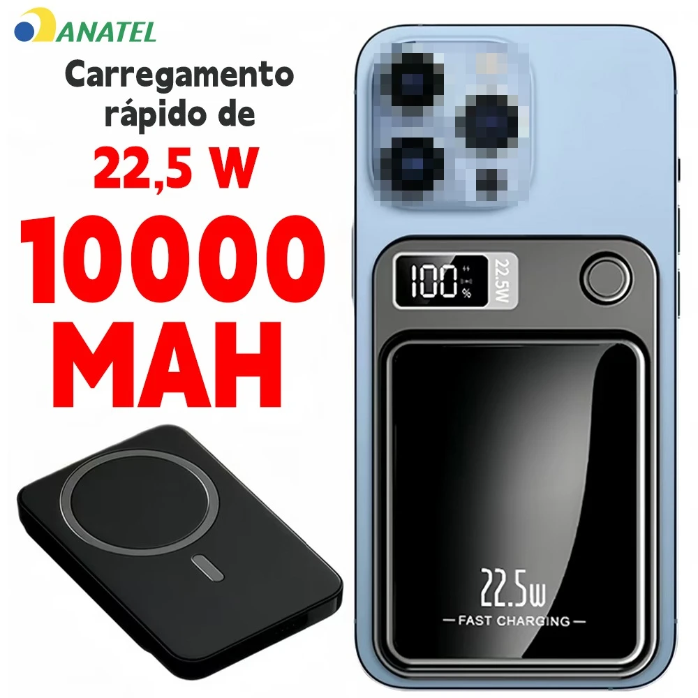 Power Bank Magnético 10000mAh com Tela Digital, Carregador Sem Fio por Indução para Celular