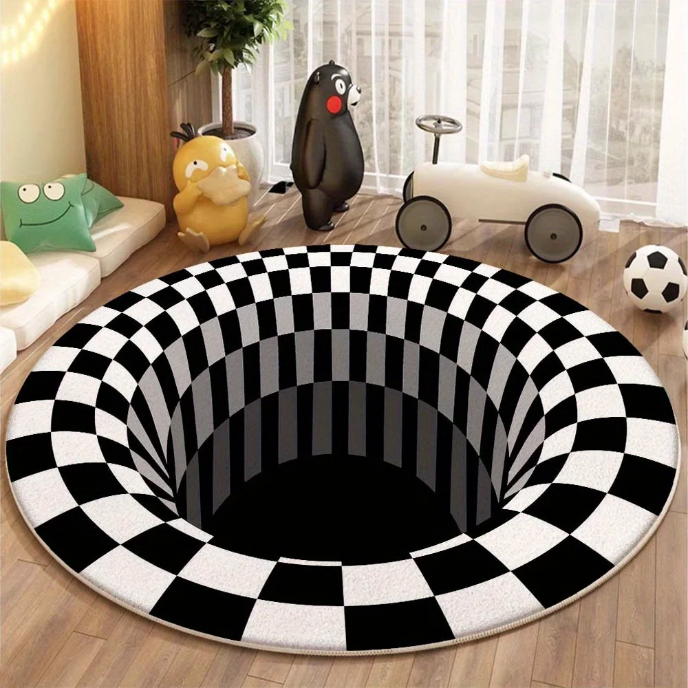 3D Black and White Checkered Pattern Round Rug, Non-slip Floor Mat for Living Room, Bedroom, Bathroom, Holiday Home Decoration