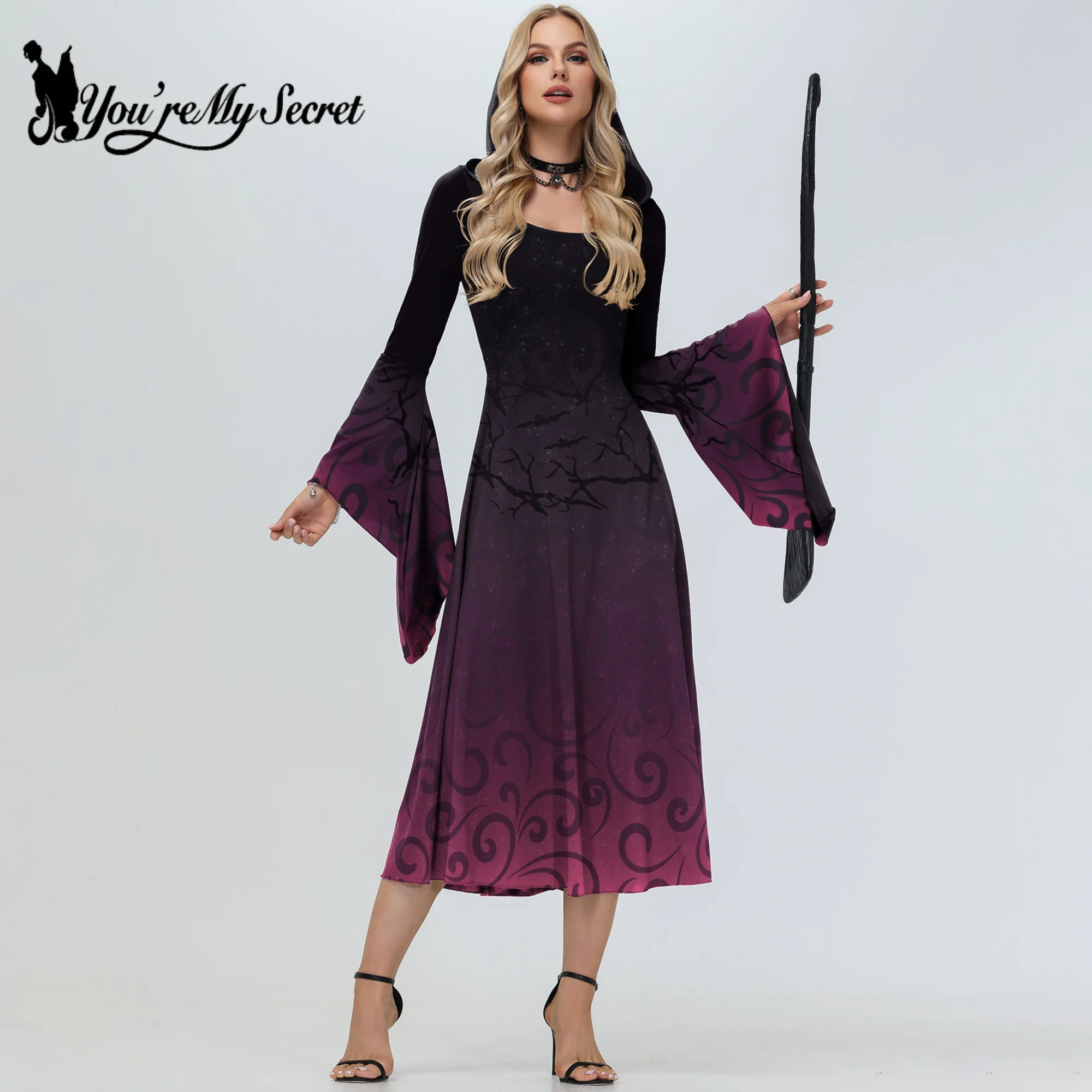 

[You're My Secret] Women's Medieval RetroLadies Vintage Victorian Gothic Princess Flare Sleeve Hooded Dress Vampire Witch Robe