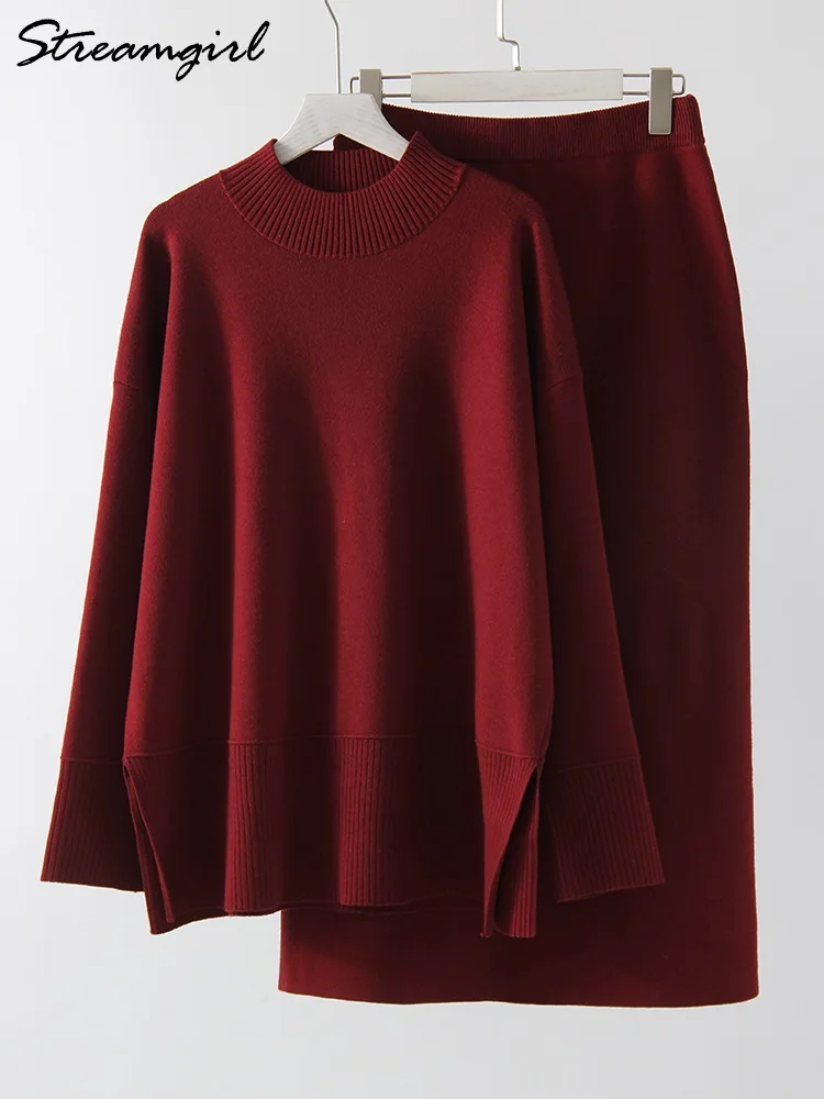 Slit Skirts Set For Women 2 Pieces Burgundy Sweater Matching Sets Ladies Elegant Women's Suits Two Piece Skirt And Top Sets
