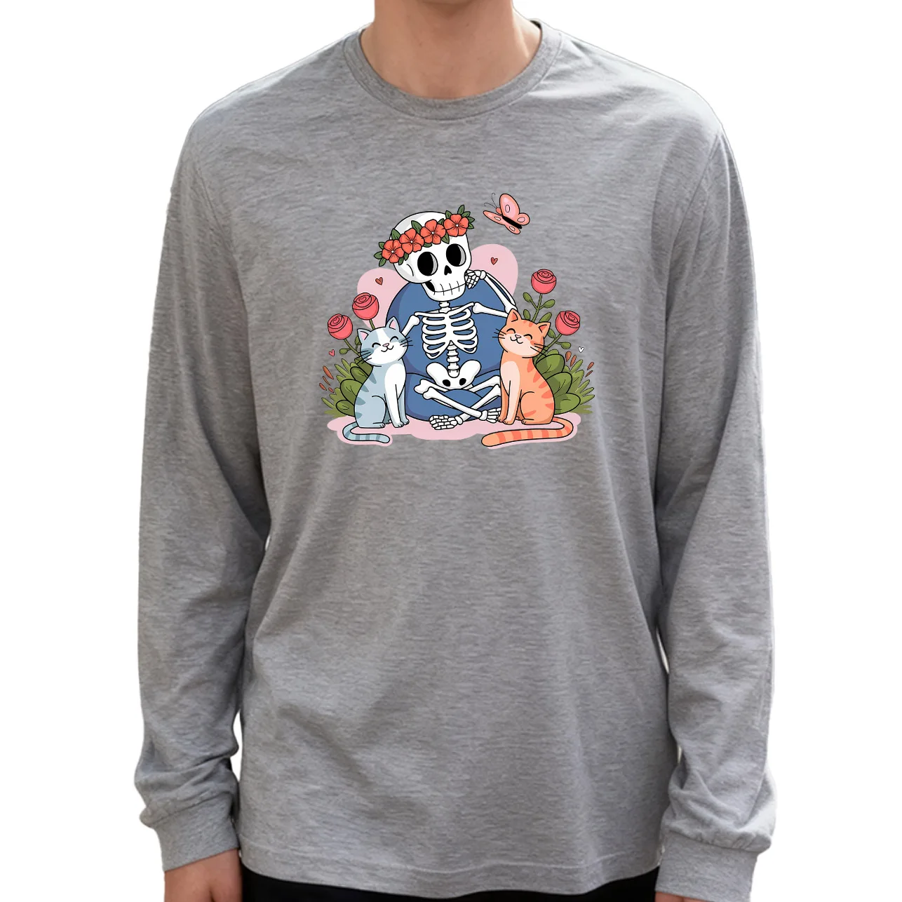 Мужская футболка с длинным рукавом с черепом и котом, 100% хлопок, 180 г, с круглым вырезом, повседневный стиль, мягкая и дышащая