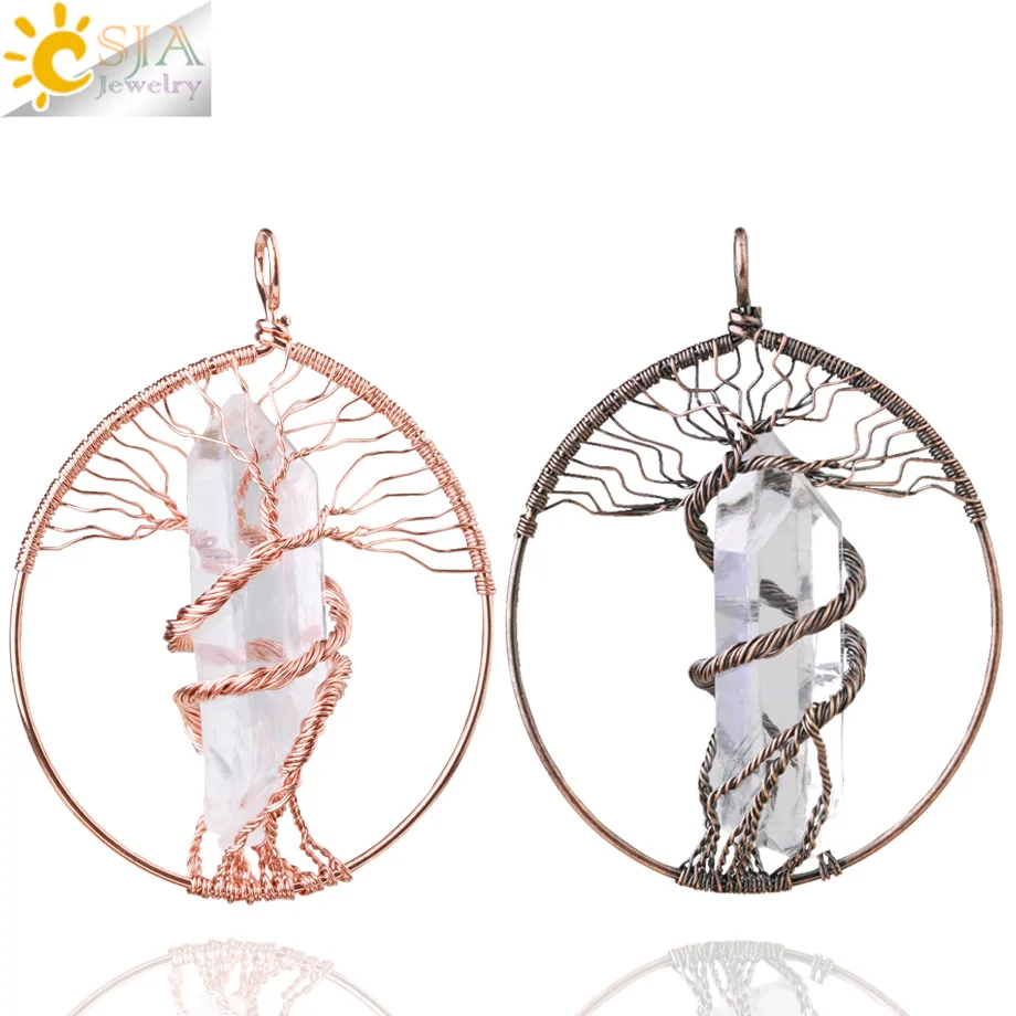 Colgante Árbol de la Vida CSJA, Collar de Piedra Natural, Joyería Hecha a Mano con Alambre, Cristal de Roca, Cuarzo G870