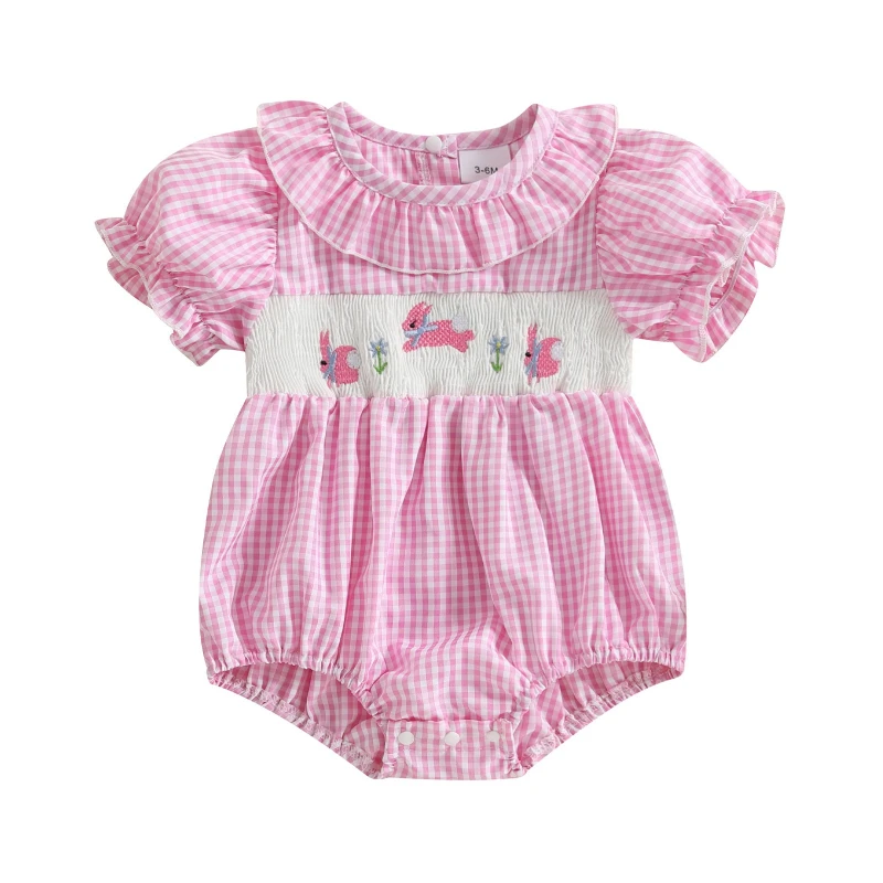 2026 Summer New Cotton Hot Selling Baby Plaid Bunny Pattern Doll Collar Climbing Suit