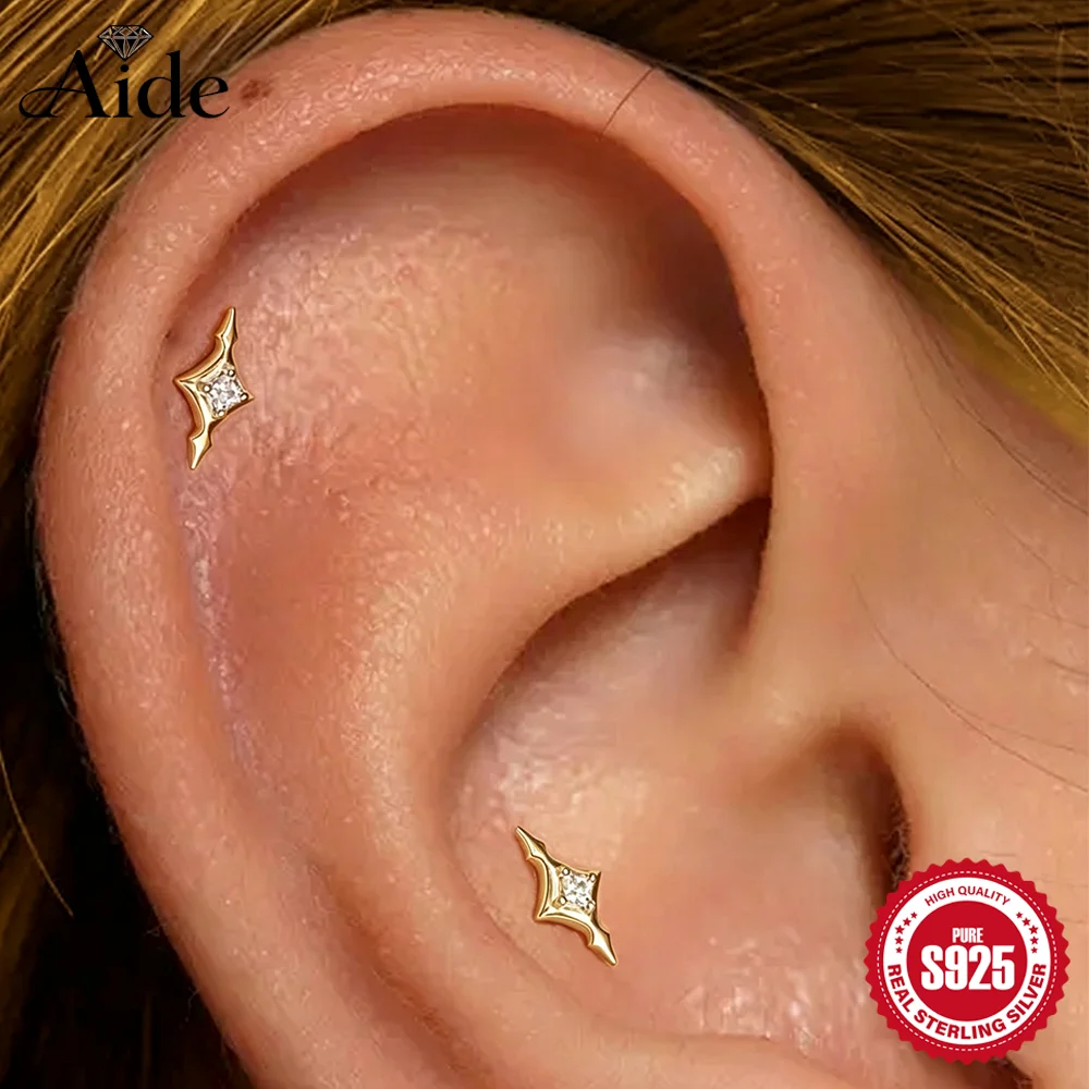 AIDE 925 Sterling Silver Tiny Sparkling Quadrangular Star Women's Cartilage Helix Flat Back Piercing Earrings Fine Jewelry Gifts