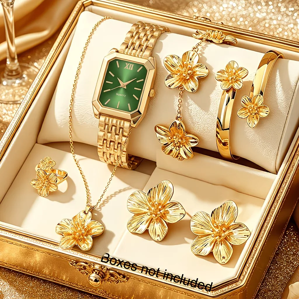 6pcs Elegant Women's Square Dial Quartz Watch, Flower Jewelry Set, Casual Luxury Style, Holiday Gift for Her