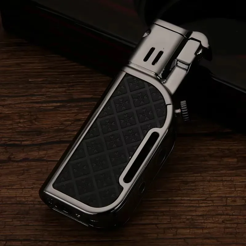

Creative Retro Grinding Wheel Double Flame Lighter With Foldable Cigar Drill Direct Injection + Open Flame Butane Gas Lighter