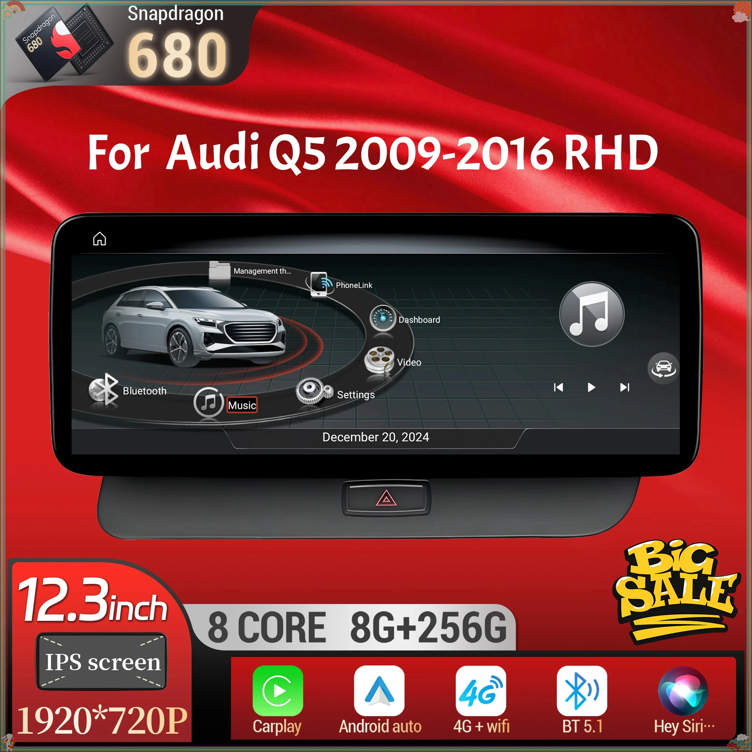 12.3 inch For Audi Q5 2009-2016 Android 14 Right Hand Drive Car Radio Wireless BT Carplay Qualcomm Snapdragon 680 System Screen