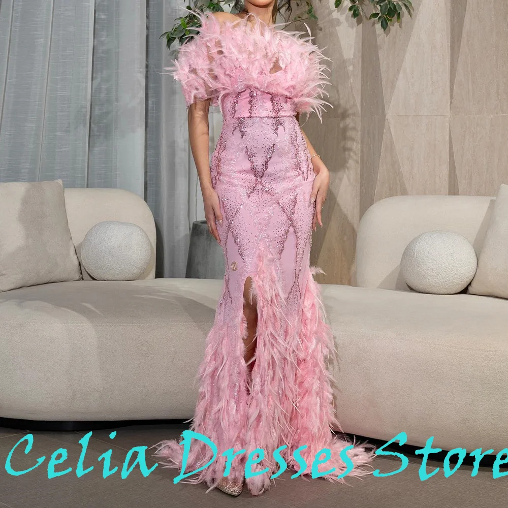 Elegant Luxury Evening Dress 2024 Straight Pleats Short Sleeves Floor Length Sweep Train Pink Feathers Crystal Quinceanera Gowns