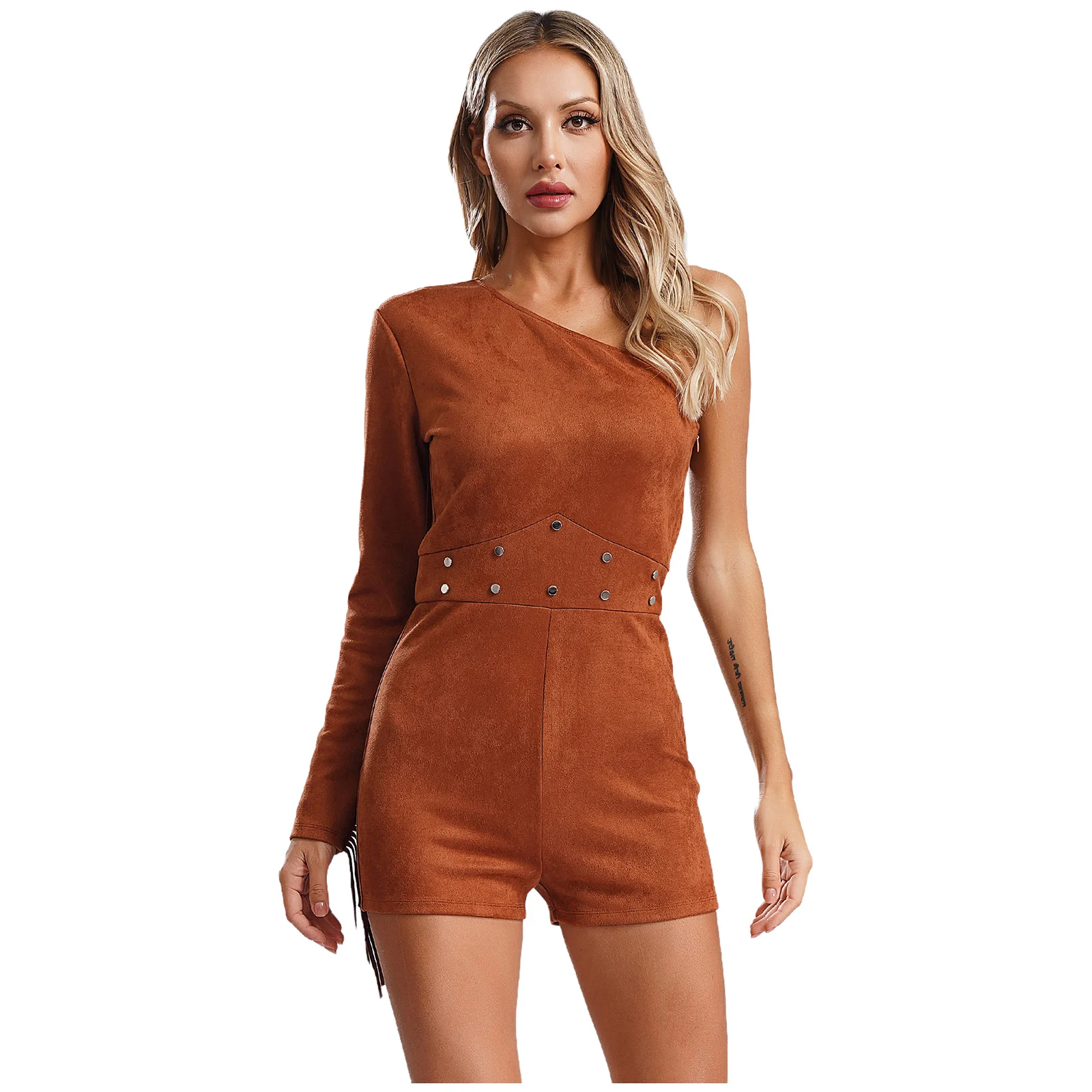 Women Suede Tribal Style Folk Bodysuit Cowgirls One Shoulder Long Sleeve Rivets Fringe Jumpsuit Short Romper Dress Up Costume