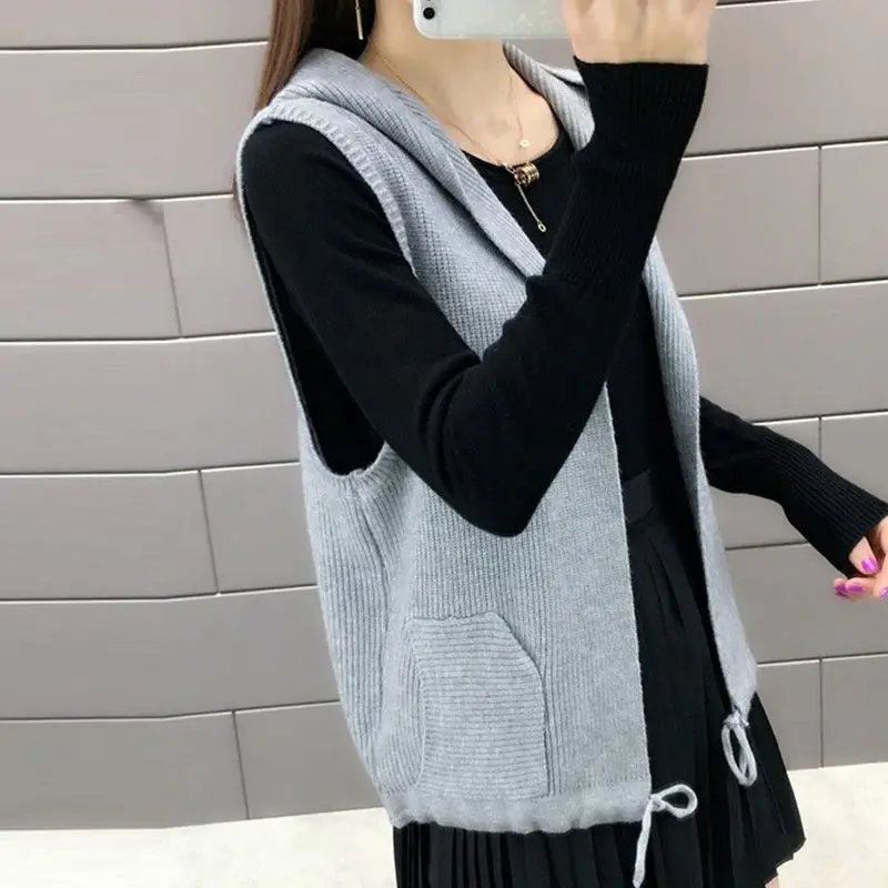 Clothes for Women Autumn Simple Casual Drawstring Hooded Knitted Sweater Vest Solid Loose Sleeveless Pockets Cardigan Waistcoat