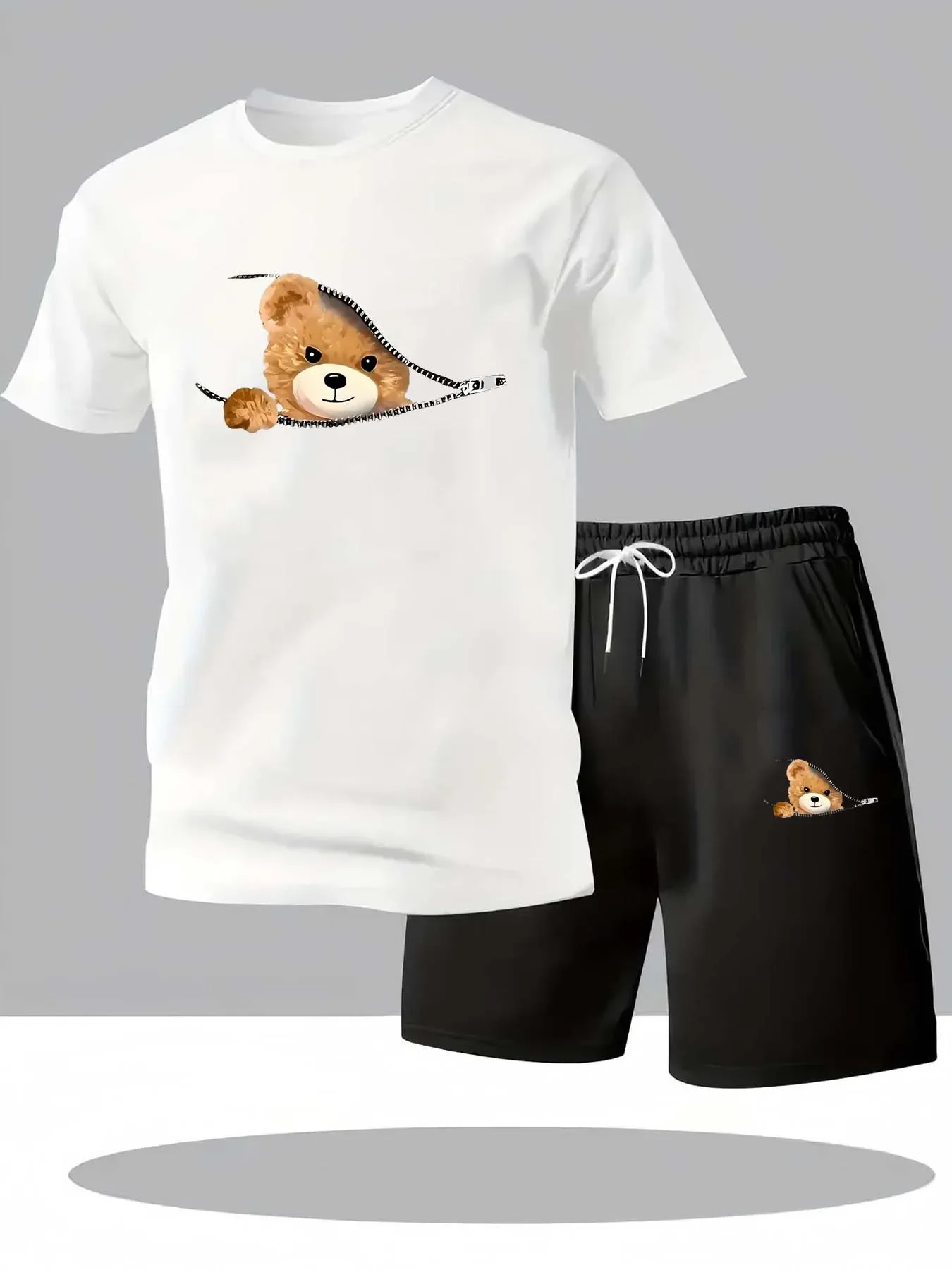 

Men's Summer Loose Cartoon Bear Pattern Printed Casual and Comfortable Round-neck Short-sleeved T-shirt Top