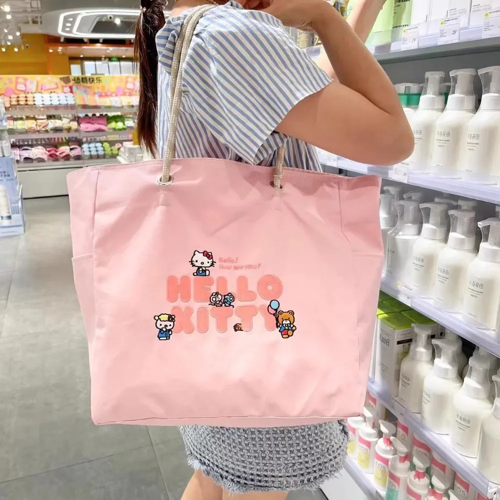 Kawaii Hello Kitty Handbag Cute Canvas Embroidered Shoulder Bag Cartoon New Pink Large Capacity Commuter Student Tote Bag