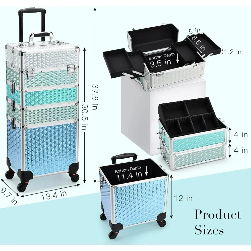 Professional Rolling Makeup Train Case 4 in 1 Aluminum Trolley Case with Lock and Key 360° Rotation Wheels Cosmetic Suitcase