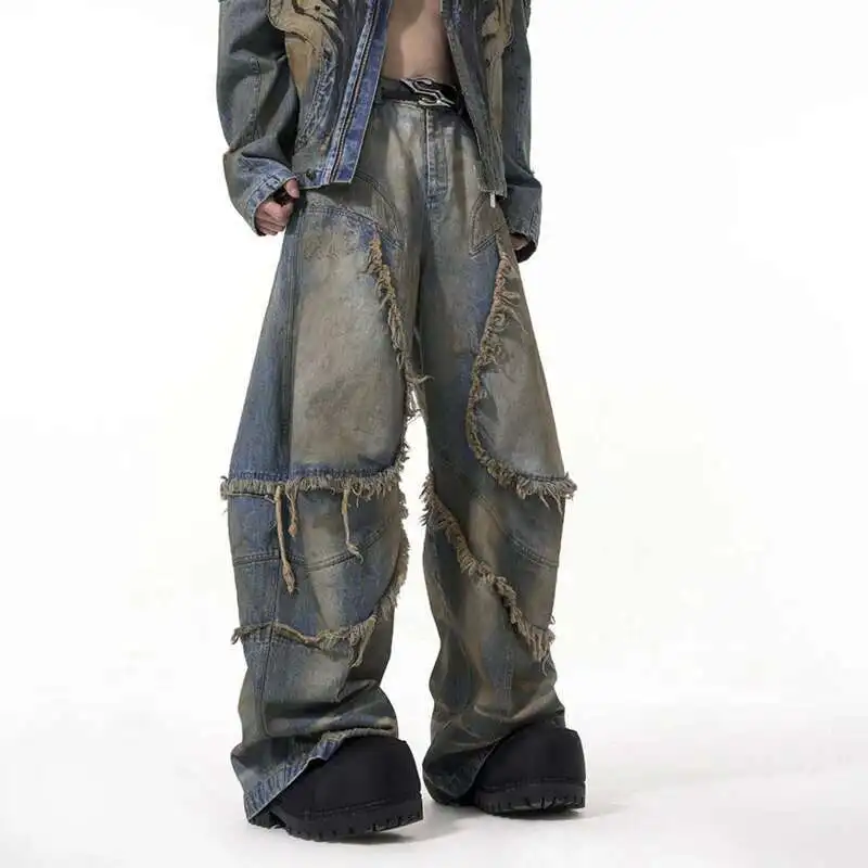 HKSH Spring New Men's Tide Punk American Style Distressed Soil Denim Pants Spliced Chic Patchwork Baggy Jeans Heavy Retro HK4477