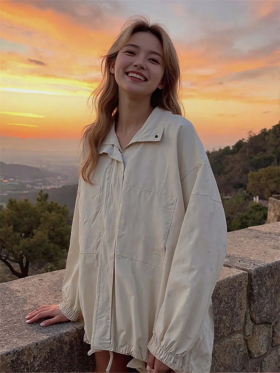 Giubbotti con colletto basic rovesciato Giacca doppia faccia da mezza stagione per donna Primavera stile fidanzato con risvolto da motociclista da donna Airy