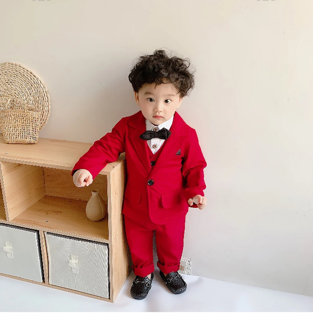 Suits for Boy Solid 3 Piece Set Formal One Button Notch Lapel Outfits Slim High Quality Fashion Child Suit (Blazer+Vest+Pants)