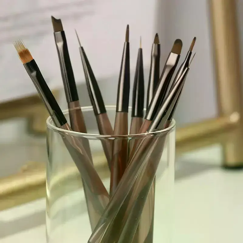 9Pcs Semi-transparent Acrylic Nail Art Brush Set Multi Types Gel Liner Sweep Ombre Gradient Flower Drawing Pen Manicure Tools