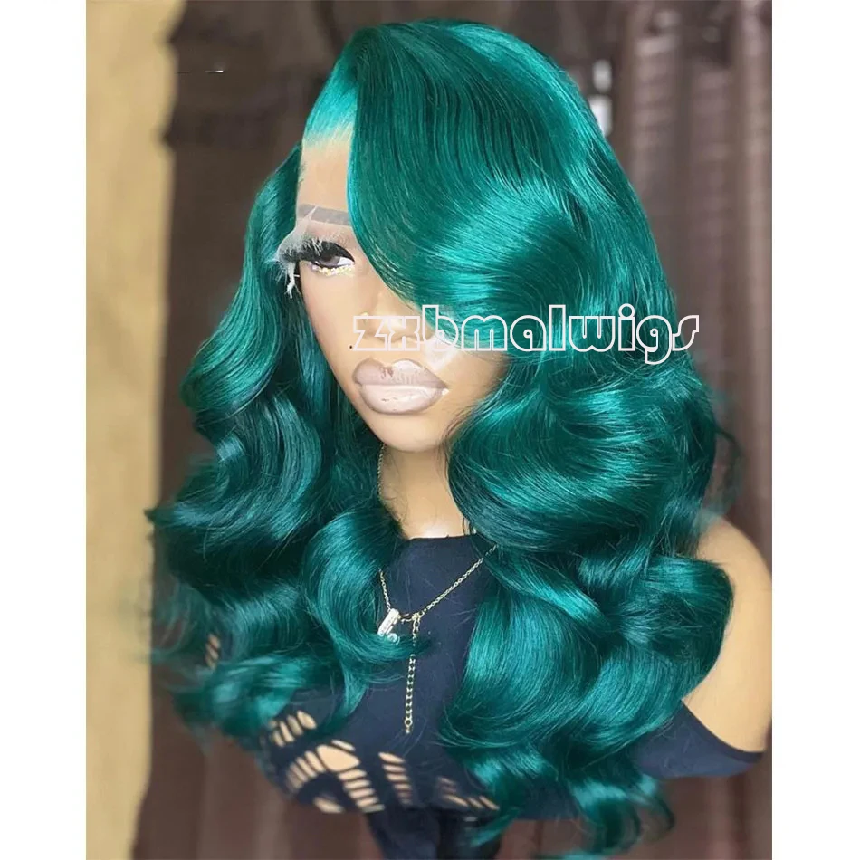 ZXBMALWIGS Synthetic 13X4 Body Wave Green  Hair Lace Front Wigs for Women Glueless Cosplay Hair Heat Resistant Fiber