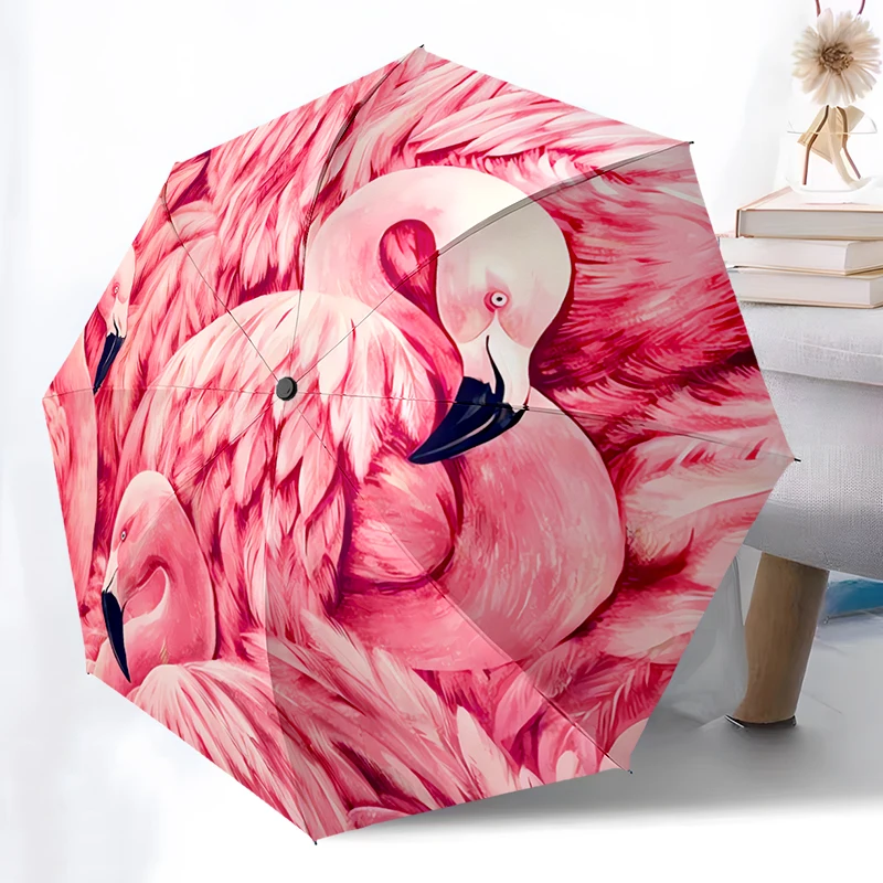 Flamingo Folding Umbrella - Fashionable Auto-Open Design 8 Iron Ribs Plastic Handle Foldable Sunshade Perfect Christmas Gifts
