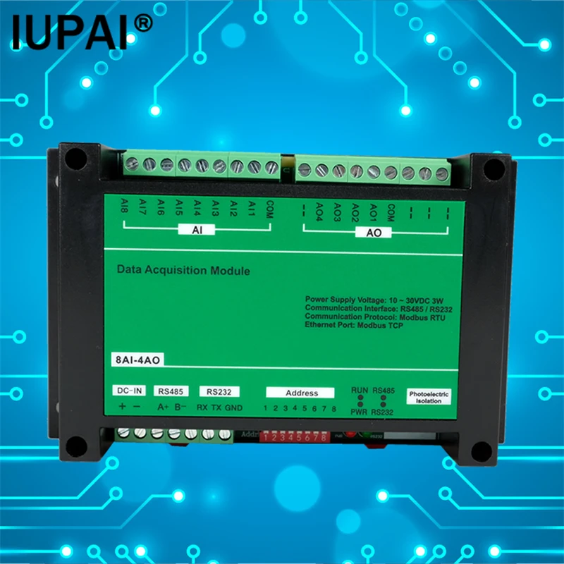 8-канальный аналоговый вход 8AI-4AO, 4-канальный аналоговый выход, модуль Modbus RTU поддерживает расширенную плату PLC, совместимость 4-20 мА, 0-10 в