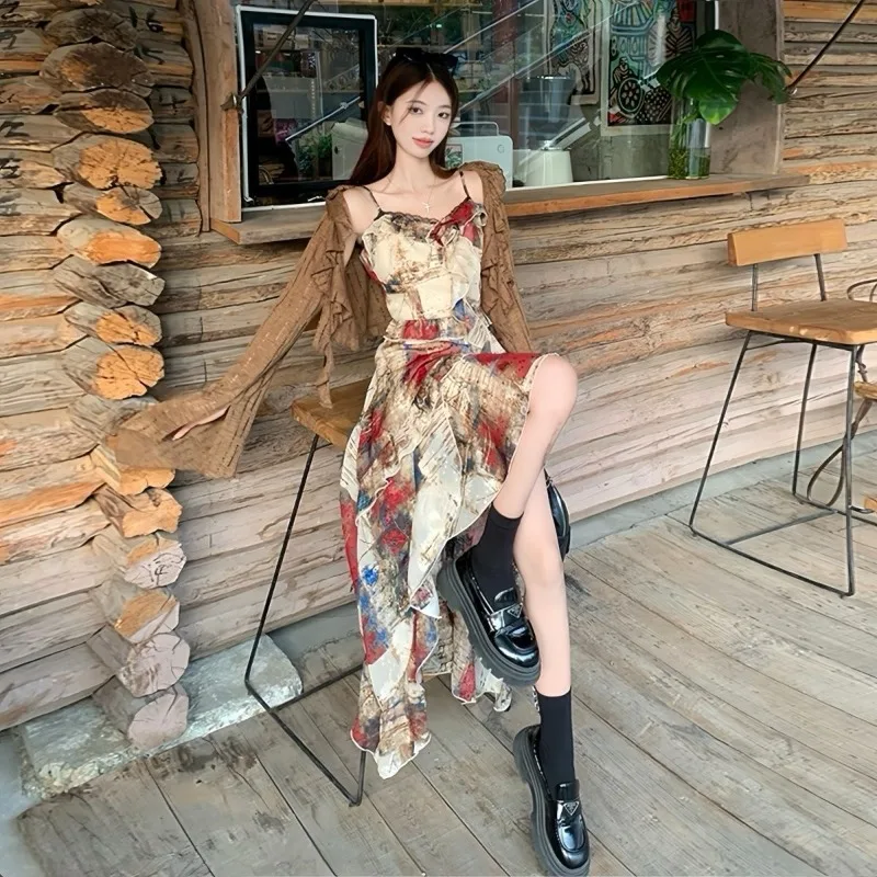 

Vintage Wasteland Style Jacquard Oil Painting Temperament Irregular Trailing Skirt Gothic Camisole Skirt Cardigan Two Piece Sets
