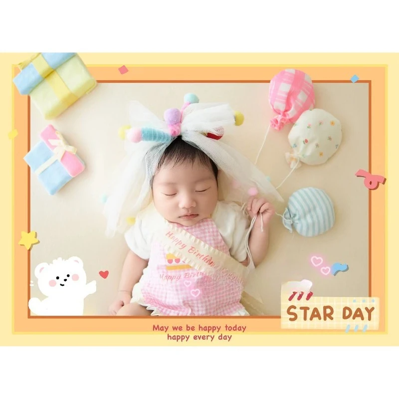 Newbron Photography Props Baby Girls Outfit with Veil Balloon Sugar Backdrop Bear Doll Birthday Theme Set for Studio Photoshoot
