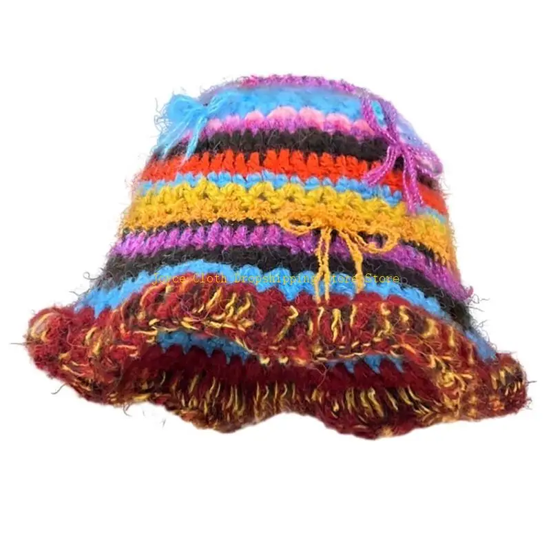 

Women Bow Bucket Hat Winter Rainbow Striped Handcrochet Knit Cap 10CD