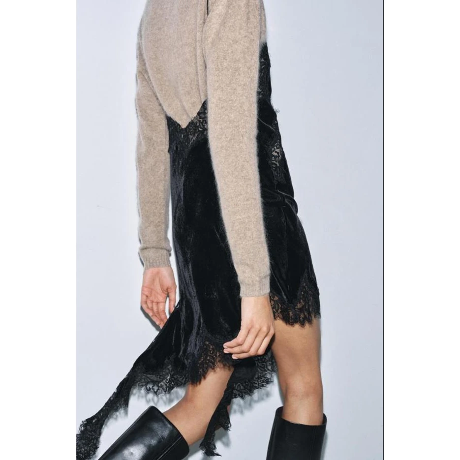 Luksusowa damska sukienka z aksamitu, patchworkowa, na ramiączkach spaghetti, z dekoltem w serek, odkrytymi plecami, koronkowym wykończeniem i rozcięciem, sukienka midi, odzież klubowa.