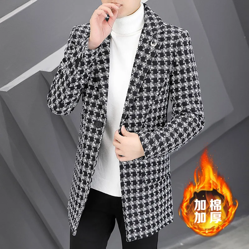 

2024 Winter Vintage Classic Houndstooth Overcoats Mens Slim Fit Long Jackets Retro Gentleman Trench Coats White Black Checked