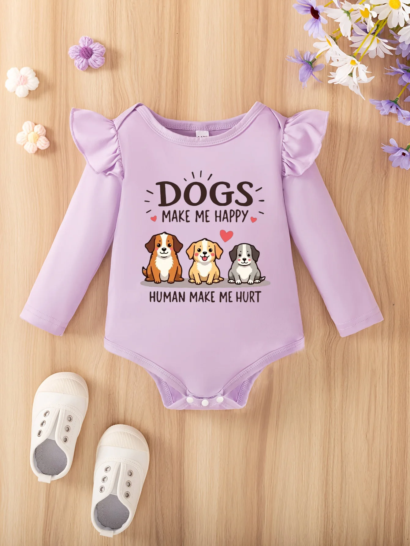 

Детское боди с длинными рукавами для детей 0-18 месяцев, унисекс, светло-фиолетовый комбинезон с рюшами и принтом собаки