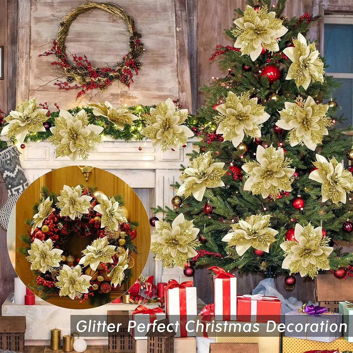 Weihnachts-Glitzerblumen, künstliche Blumen, Weihnachtsbaumschmuck für Zuhause, 2025, Baum-Anhänger, Ornamente, Navidad, Neujahr 2026, Geschenk – Detail 10