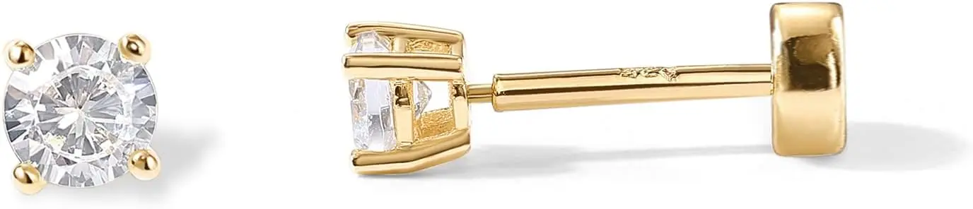 

14K Gold Plated Solid 925 Sterling Silver Post Cubic Zirconia Stud Flat Back Earrings for Women