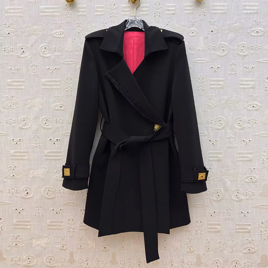 

2025 New Autumn Winter Black Trench Coat Women Gold Buttons Shoulder Badge Design Beading Embroidery Slim Belt Vintage Outwear