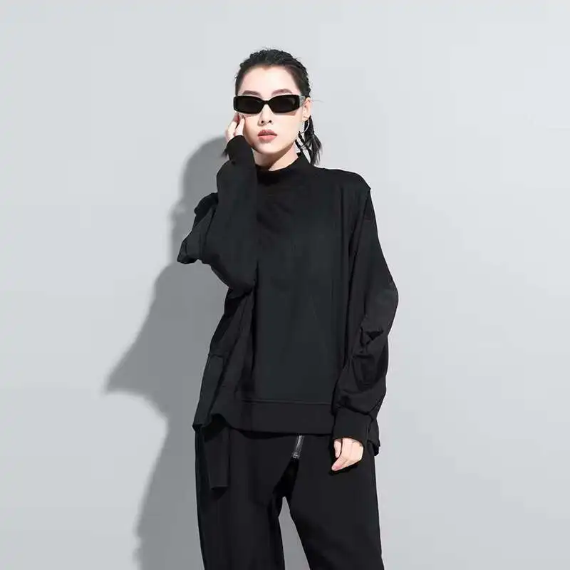 

Ladies Long Sleeve T-Shirt Spring And Autumn New Personality Stitching Street Fashion Brand Half High Collar Long Sleeve T-Shirt