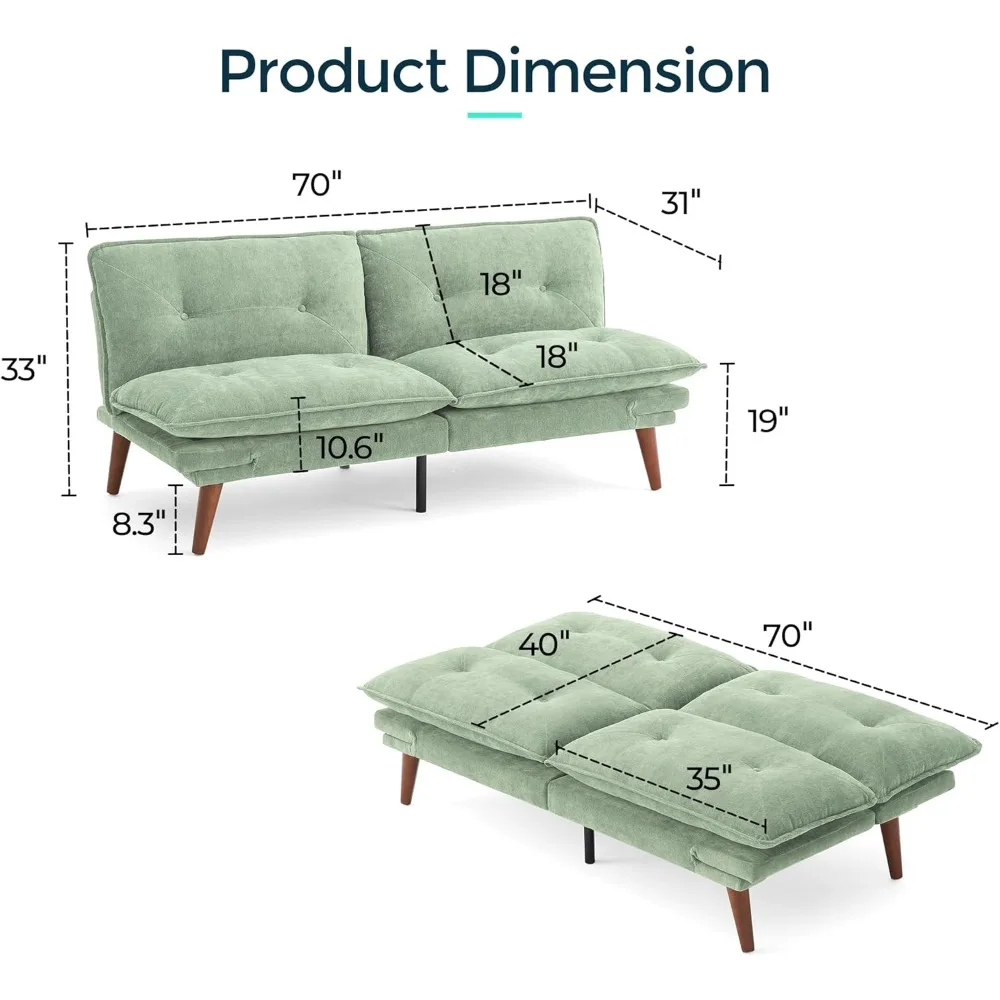 أريكة سرير فوتون قابلة للتحويل من شانيل مقاس 70 بوصة ومسند ظهر قابل للتعديل بمقعدين للنوم للمساحات الصغيرة #2