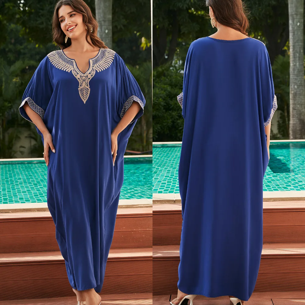 قفطان كحلي رداء مطرز للنساء ، ملابس سباحة تغطية ، ملابس شاطئ بوهيمية ، فستان شاطئ فضفاض