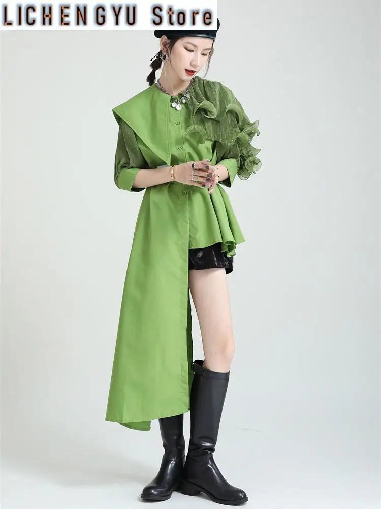 

Women Green Irregular Pleated Long Blouse New Lapel Long Sleeve Loose Fit Shirt Fashion Tide Spring Autumn