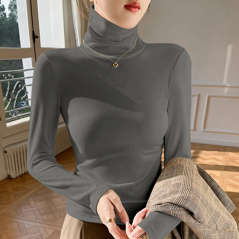 Turtleneck Sweater Double-sided Velvet Bottom Shirt Women Autumn Winter Thickened Warm Clothes Soft Slimming