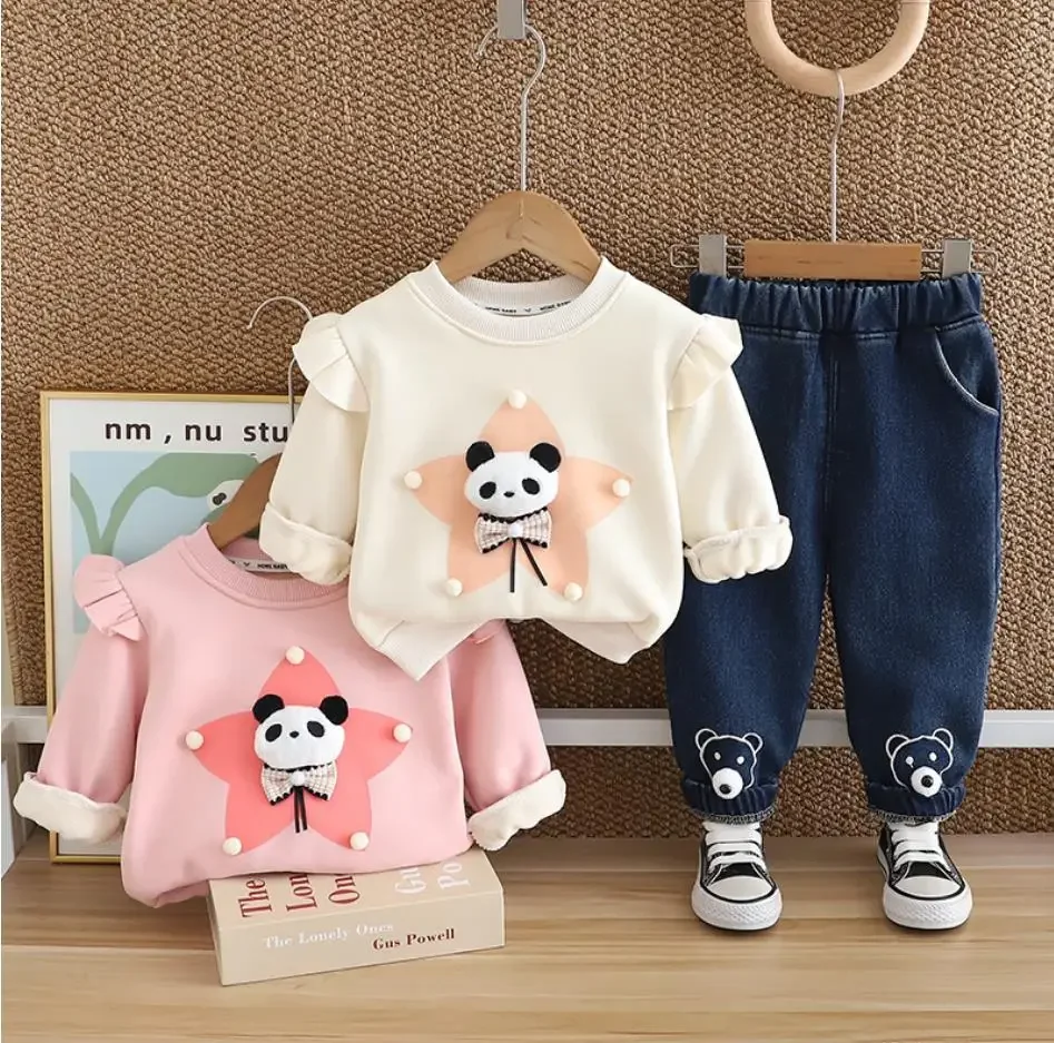 Christmas Sets for Girls Baby Clothes 9 To 18 Months Winter Velvet Cartoon Panda Sweatshirt And Pants Boutique Toddler Outfits