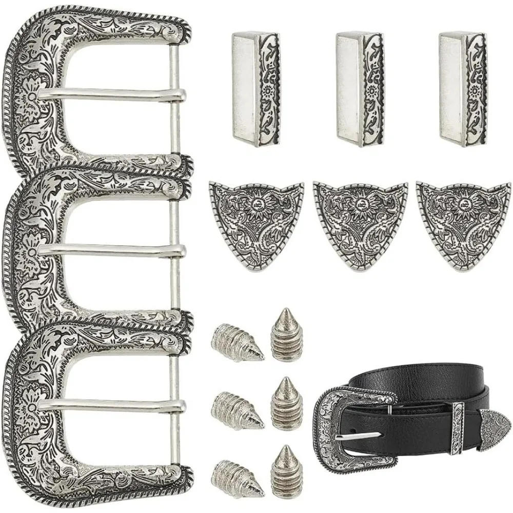 

3 Sets Antique Silver Belt Buck Set 1.5inch Wide Western Cowboy Buckle Alloy Belt Buckle Replacement for making kit
