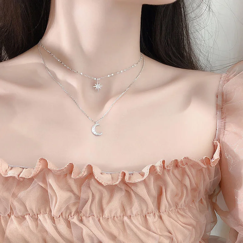 Simple Double Layer Star Moon Charm Multilayered Necklace Delicate Clavicle Chain Zircon for Women Fashion Jewelry 2024