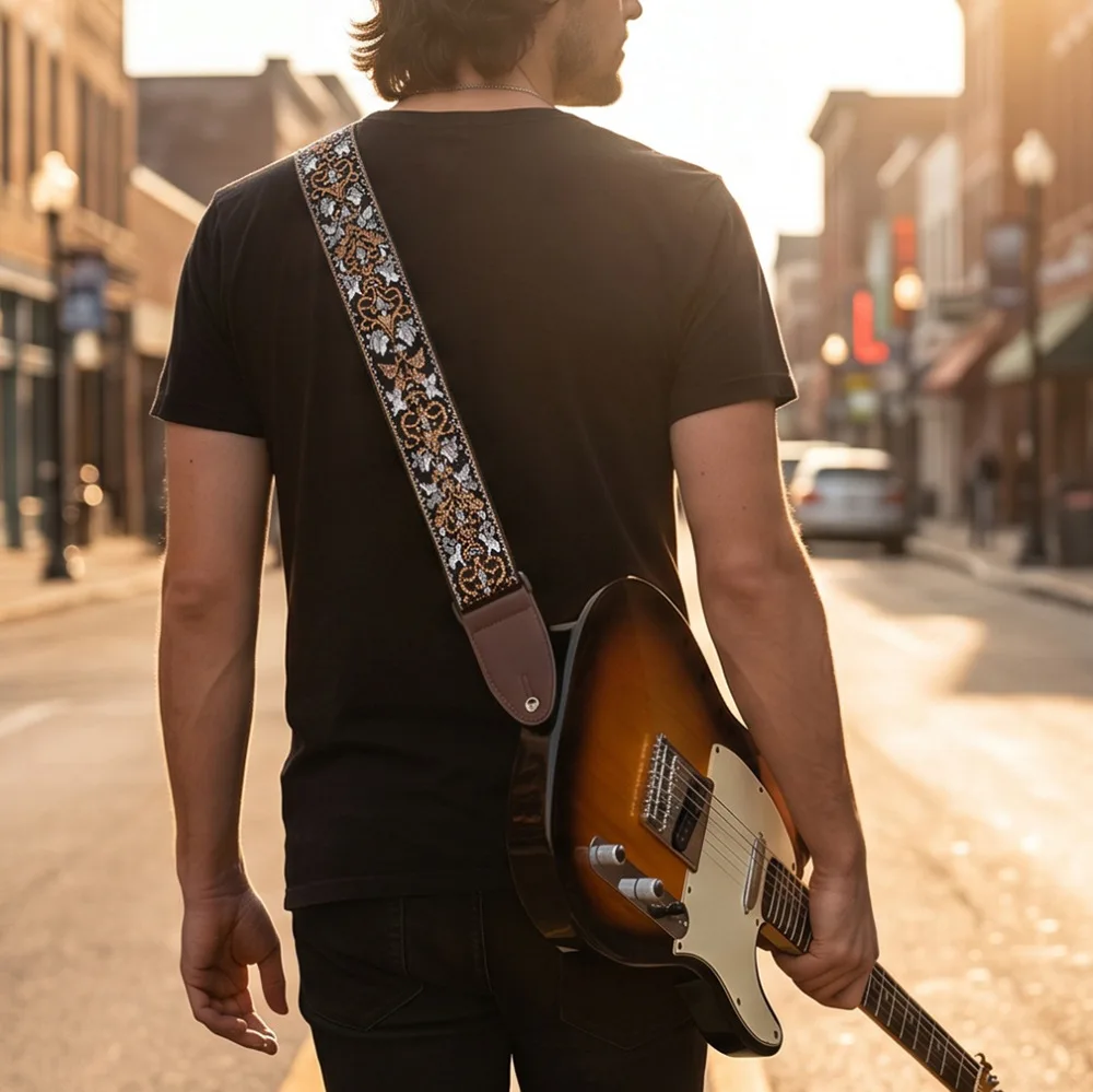 Vintage Pattern Embroidered Guitar Bass Strap Thickened Widened Brown Leather End Shoulder Sling for Electric Guitar - view 3