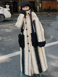 LANMREM 2024 Winter New Contrast Splicing Striped Woolen Coat For Women Single Breasted Thick Warm Overcoat Outdoor 2DB1061