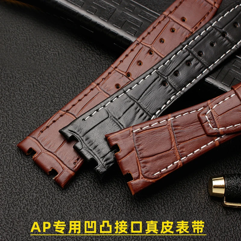 For AP 41mm Dial strap 26mm Black Brown With Stitches Genuine Leather Cowhide Watch Band Bracelet with steel deployment buckle