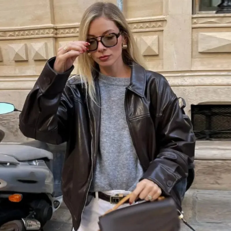 Women 2026 Spring Autumn New Arrival Hot Selling Fashion Trendy Versatile Faux Leather Bomber Jacket Coat Outerwear Chic Daily