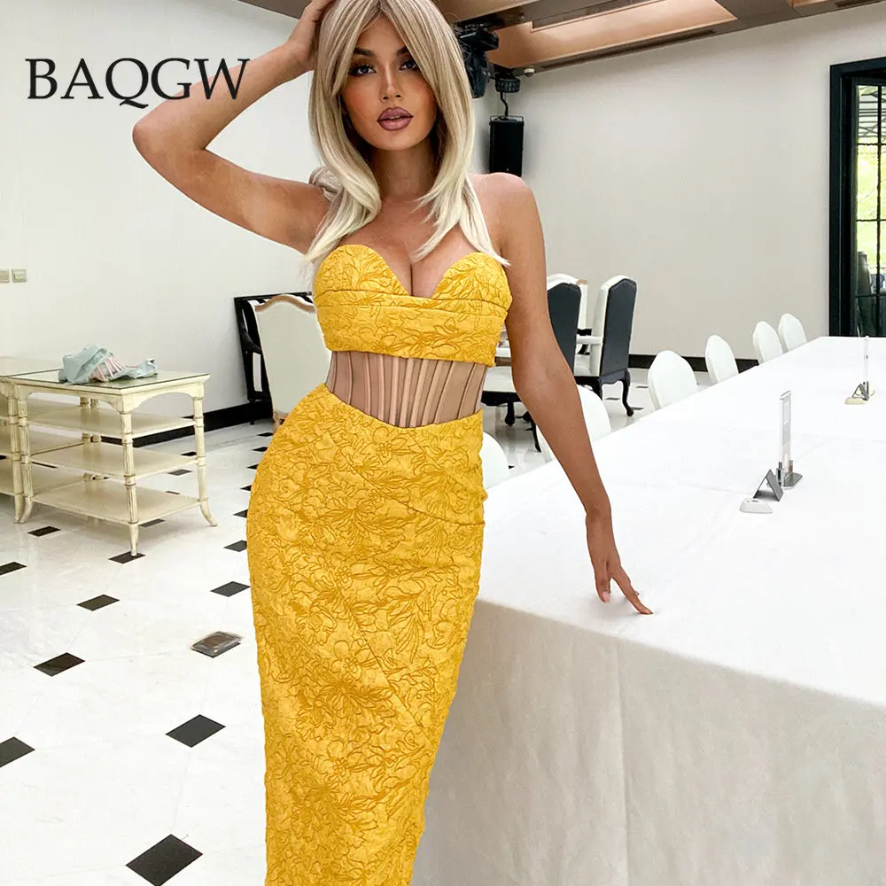 

Sexy Off Shoulder Mesh Patchwork Bodycon Dress Summer Yellow Blue Design Embroidery Slim Fit Midi Dress Celebrity Evening Party