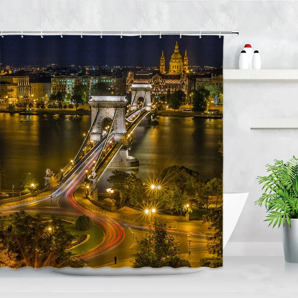 City Night View Shower Curtains Bridge Building Scenery Print Waterproof Fabric Bathroom Curtain Decoration Bathtub Screen