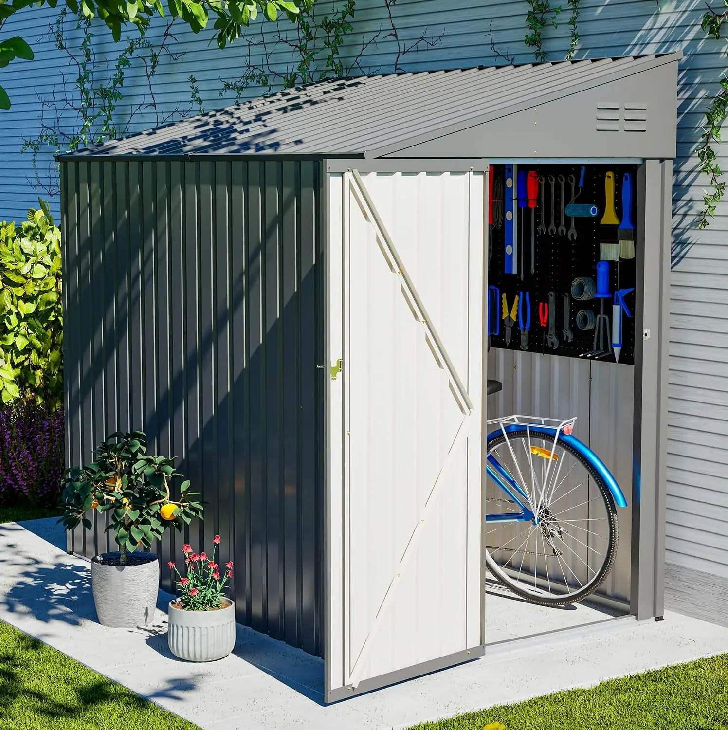 4x7 FT Outdoor Storage Shed Lean to Shed,Metal Shed W/Lockable Door & Air Vent,All Weather Waterproof Garden Tool House