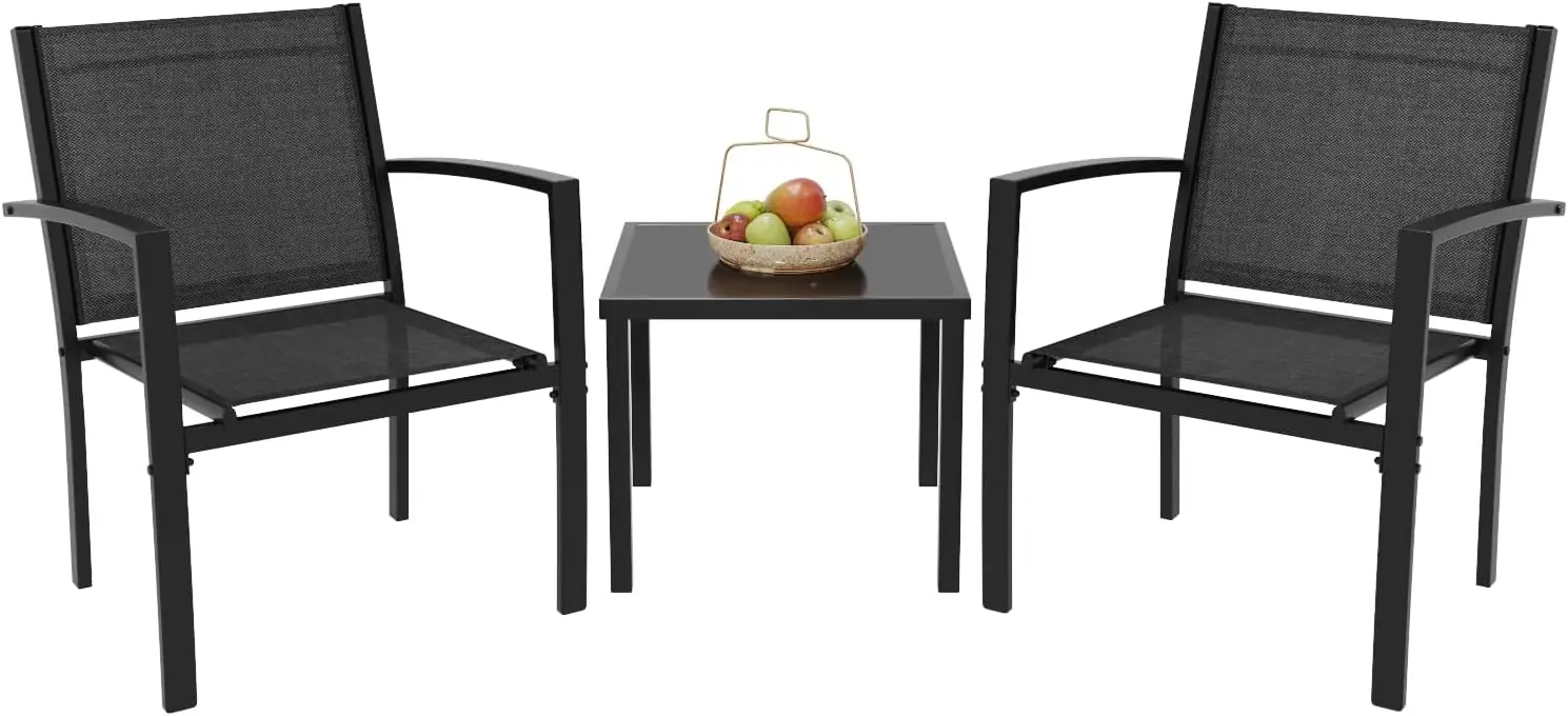 Greesum 3 Pieces Patio Furniture Set Outdoor Conversation Textilene Fabric Chairs for Lawn, Garden, Balcony, Poolside with A Gla