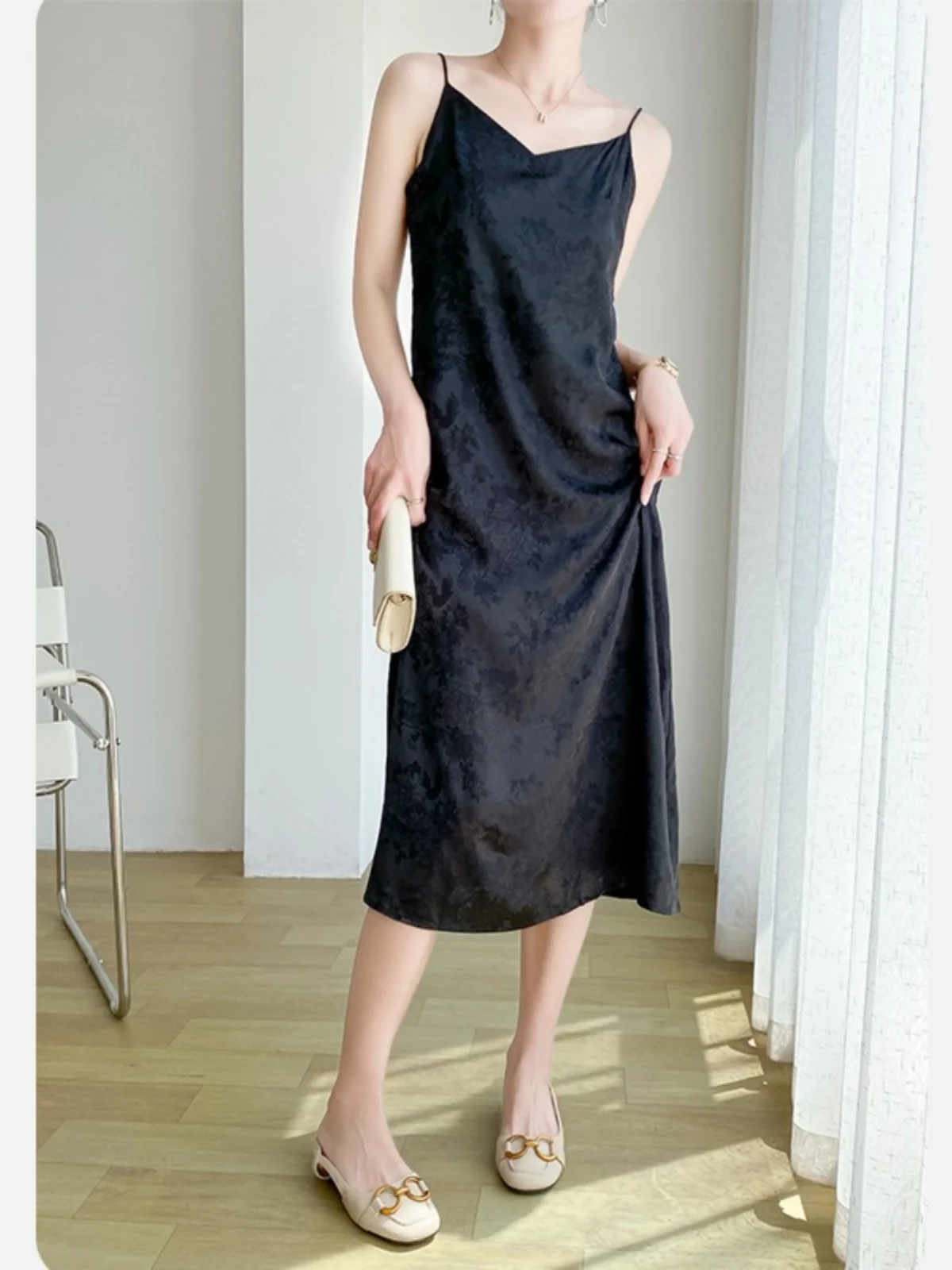 Verano Ele satén acetato correa Dr mujer A-Line Svel V-Ne chaleco largo Dr Vintage Sle cintura suelta